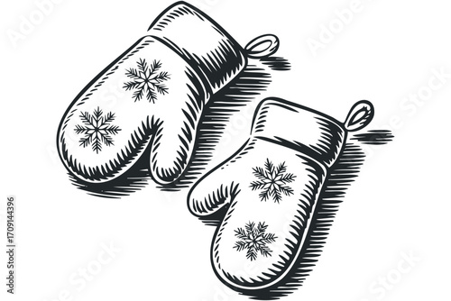 Two knitted mittens with snowflake motifs. Vector hand drawn illustration
