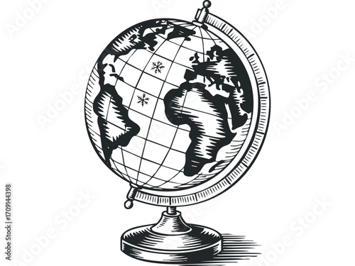 Engraved Globe with Snowflakes. Vector hand drawn illustration