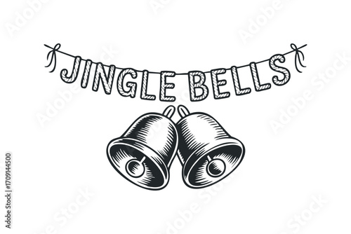 Text banner with Jingle Bells and two festive bells on transparent background. Vector hand drawn illustration
