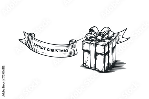 Gift box with Merry Christmas ribbon graphic on transparent. Vector hand drawn illustration