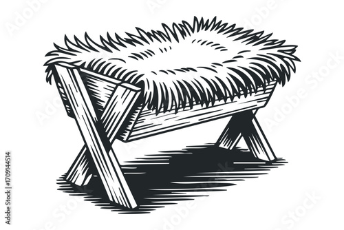 Wooden manger filled with hay on a transparent background. Vector hand drawn illustration