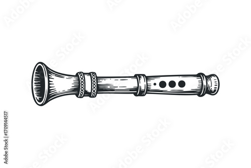 Antique wooden flute with engraved details on a transparent background. Vector hand drawn illustration