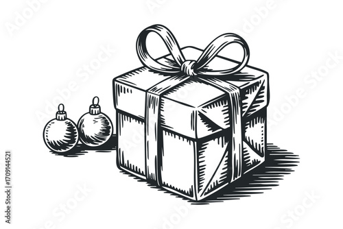 Gift box with ribbon and ornaments. Vector hand drawn illustration