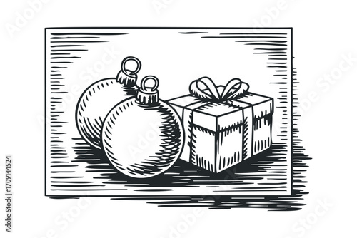 Two spherical ornaments and a wrapped gift with a bow for winter holidays. Vector hand drawn illustration
