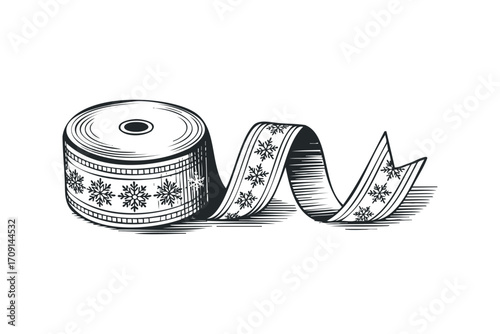 Ornate Snowflake Ribbon Spool on Transparent Background. Vector hand drawn illustration