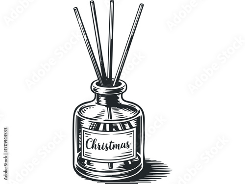 Holiday reed diffuser with label saying Christmas. Vector hand drawn illustration