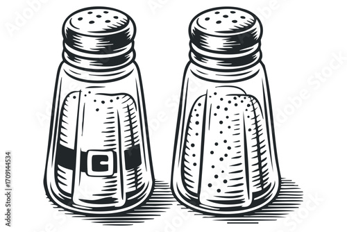 Two vintage style salt and pepper shakers with transparent background. Vector hand drawn illustration