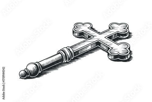 Cross scepter scepter symbol religious object on transparent background. Vector hand drawn illustration