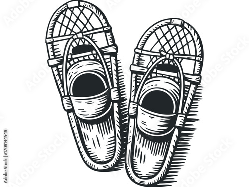 Vintage snowshoes outline on transparent background. Vector hand drawn illustration