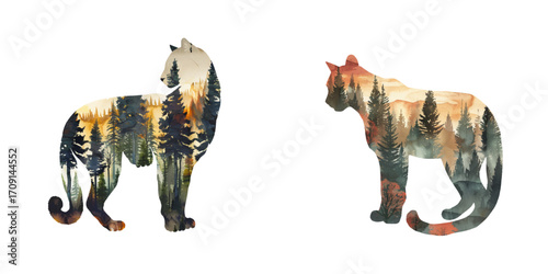 silhouette cougar with forest scene inside watercolor vector illustration