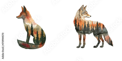silhouette coyote with forest scene inside watercolor vector illustration