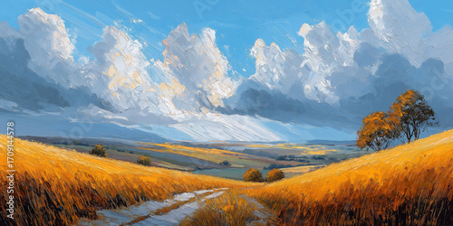 アクリル絵の具で描かれた秋の森や木々の風景。深い色彩と柔らかなタッチが調和し、映像制作やプレゼンテーション、デザインプロジェクトに使いやすいストック動画サイト向けアート素材。