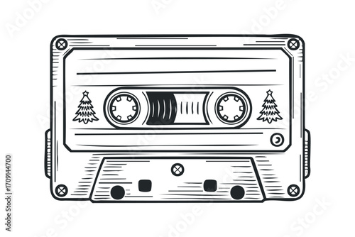 Vintage cassette tape with holiday trees on transparent background. Vector hand drawn illustration