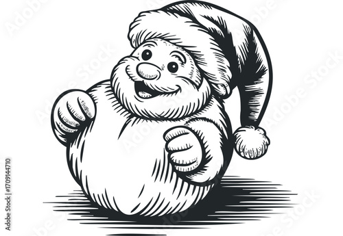 Black and white drawing of Santa Claus in a festive mood. Vector hand drawn illustration