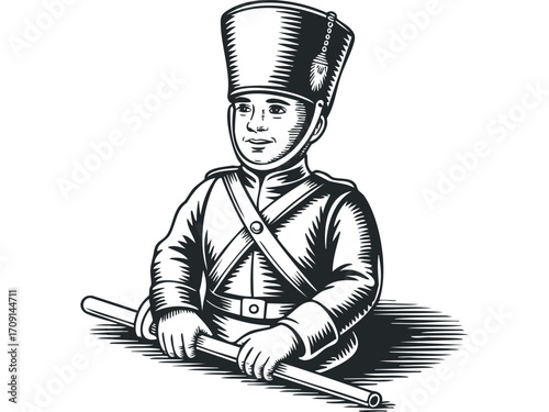 Woodcut style young soldier holding drumsticks. Vector hand drawn illustration