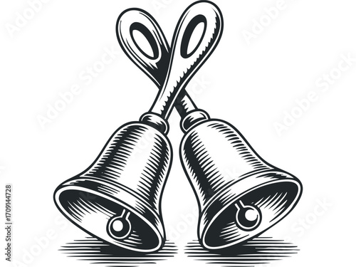 Engraved Two Handheld Bells. Vector hand drawn illustration