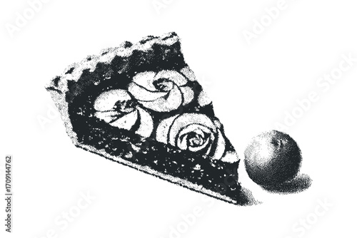 Slice of pie with swirling filling next to a whole fruit. Vector hand drawn illustration