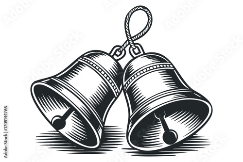 Two antique bells connected by a rope on a white. Vector hand drawn illustration