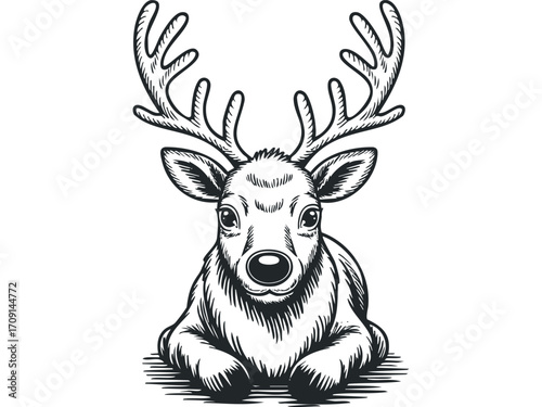 Posed majestic deer with large antlers on transparent. Vector hand drawn illustration