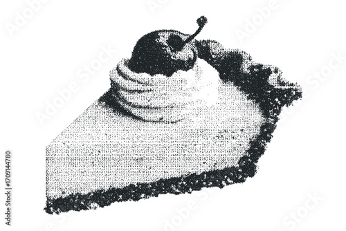 Pie slice with whipped cream and cherry, isolated on white. Vector hand drawn illustration