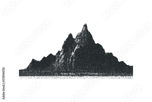 Stippled mountain range landscape silhouette on transparent background. Vector hand drawn illustration