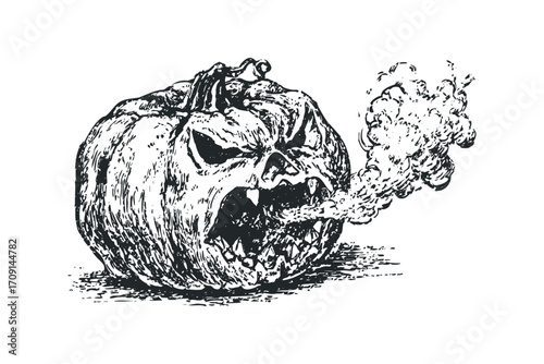 Spooky Halloween Jack o lantern emitting smoke. Vector hand drawn illustration