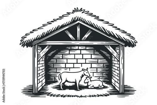 Nativity stable with ox and lamb on transparent background. Vector hand drawn illustration