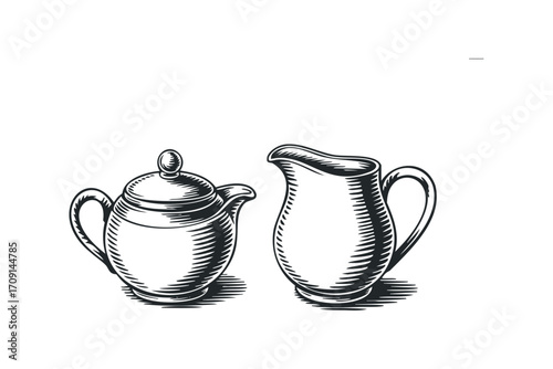 Vintage Teapot and Creamer on Transparent Background. Vector hand drawn illustration