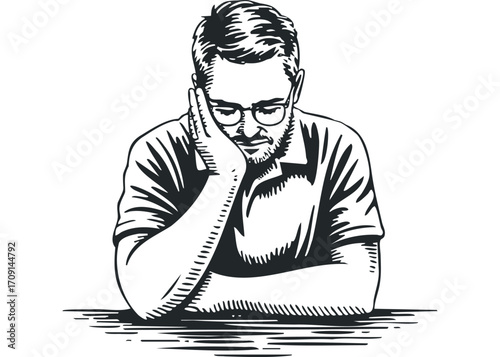 Man with hand on face looking down, transparent background. Vector hand drawn illustration