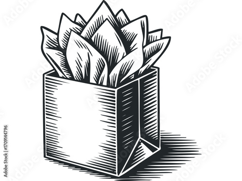 Woodcut style drawing of gift tissue paper spilling out of a shopping bag. Vector hand drawn illustration