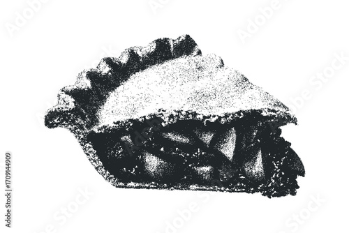 Single slice of apple pie with textured filling and crust on a transparent background. Vector hand drawn illustration