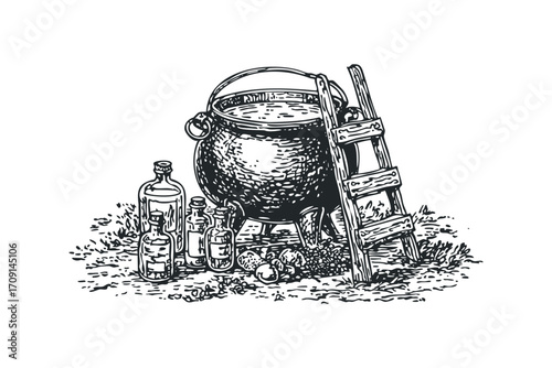 Old witch cauldron with potions and herbs on grass. Vector hand drawn illustration