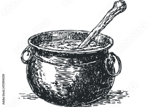 Sketch of a Cauldron with a Stirring Implement. Vector hand drawn illustration