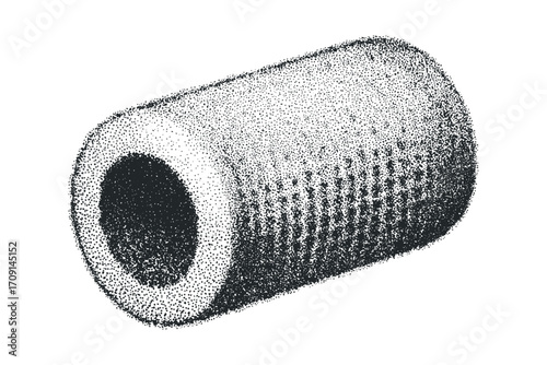Hollow cylinder object stippled texture isolated on white. Vector hand drawn illustration