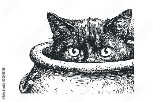 Peephole Cat Face Inside Pot. Vector hand drawn illustration