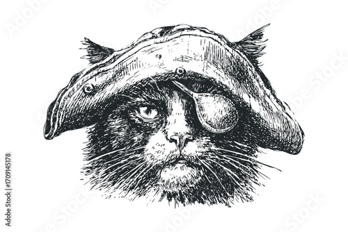 Black cat wearing pirate hat and eye patch. Vector hand drawn illustration
