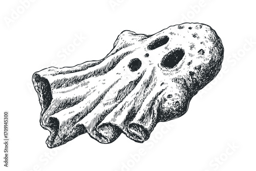 Hand drawn spooky ghost with holes and texture on transparent. Vector hand drawn illustration