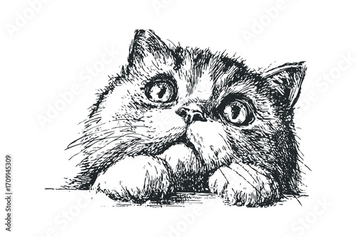 Sketch of a Curious Cat Peeking. Vector hand drawn illustration