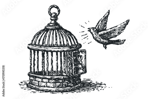 Bird flying out of open cage graphic. Vector hand drawn illustration