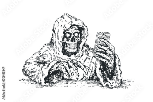 Grim Reaper character using mobile phone transparent background. Vector hand drawn illustration