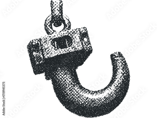 Black hook on a hoist mechanism for lifting heavy objects. Vector hand drawn illustration
