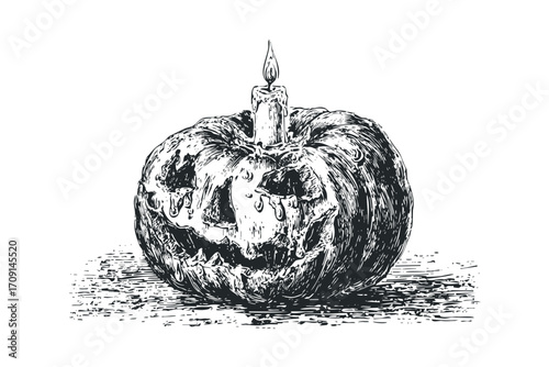 Hand drawn scary pumpkin with melting candle illustration. Vector hand drawn illustration