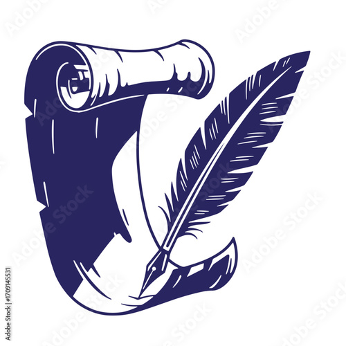 Elegant illustration of an ancient parchment scroll and feathered quill pen on a white background