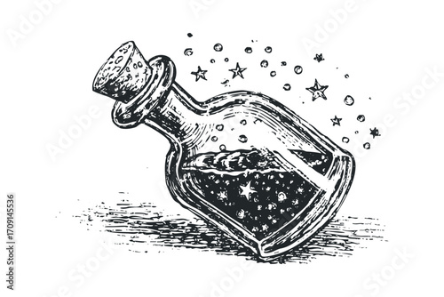 Antique glass potion bottle with cork, emitting stars and sparkles. Vector hand drawn illustration