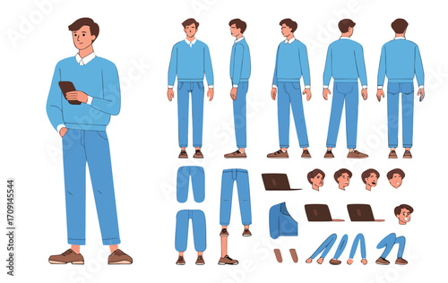 Business man character constructor for animation. Front, side and back view set. Body parts, postures, poses collection. Vector illustration. 
