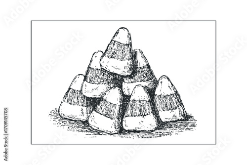 Hand drawn sketch pile of candy corn treats on transparent background. Vector hand drawn illustration