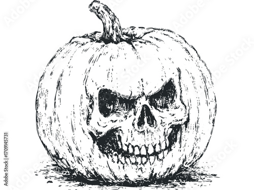 Spooky carved pumpkin with a skull face in sketch style on transparent background. Vector hand drawn illustration