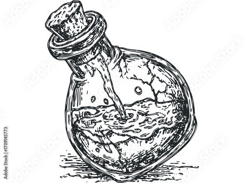 Glass flask with cork stopper pouring liquid on transparent background. Vector hand drawn illustration