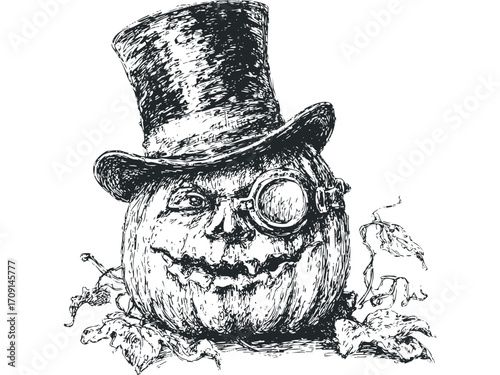 Jack O Lantern wearing Top Hat and Monocle on Transparent Background. Vector hand drawn illustration
