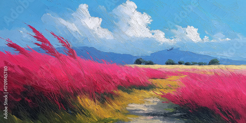 アクリル絵の具で描かれた紅葉風景。木々や草原の温かみある色合いが季節の情緒を表現し、広告映像や旅動画、SNSコンテンツなど幅広い用途で活用できる高品質なストック動画用イラスト素材。